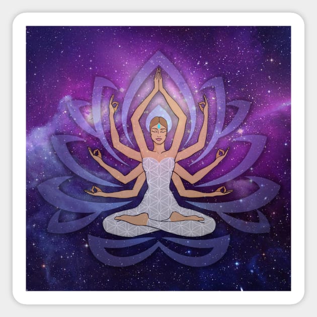 Violet Lotus and Woman with many Arms Sticker by MandalaSoul